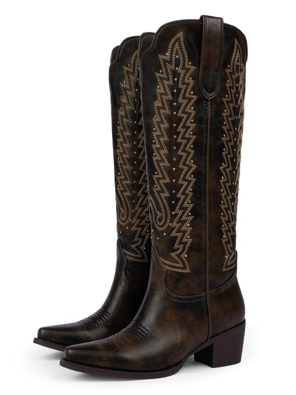 Women's Knee High Cowboy Boots, Studded Embroidered Cowgirl Boots